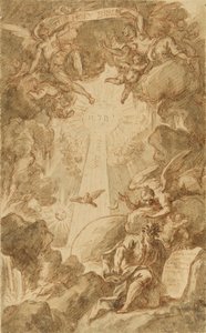 Voorbereidende tekening voor de gravure door C. du Bosc, voor de Kapelbijbel van het Royal Marine College. Werk (43x26.6 cm) door James Thornhill (1675-1734), begin 18e eeuw.