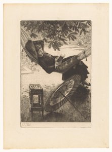 Jonge lezende vrouw in een hangmat door James Tissot