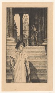 Jonge vrouw loopt de trappen van de National Gallery in London af door James Tissot
