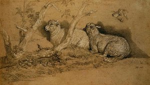 Schapen rustend in een beboste kreupelbos en een studie van het hoofd van een schaap door James Ward