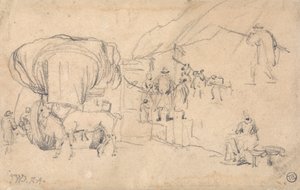 Blad met schetsen: wagen, paard, melkmeid en andere figuurstudies door James Ward