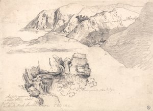 Studies van een heuvelachtige kust en een rotsachtige waterval