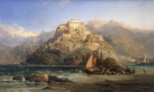 Uitzicht op San Sebastian (Spanje), in het midden, de berg Urgull en de gebouwen van het kasteel van Santa Cruz de la Mota. Olie op doek door James Webb (actief tussen 1853 en 1888)