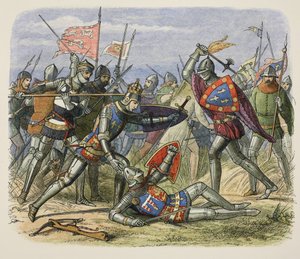 Hendrik V aangevallen door de hertog van Alençon op het slagveld, uit A Chronicle of England BC 55 to AD 1485, pub. London