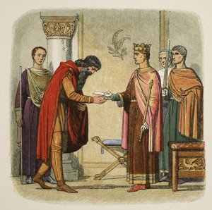 Henry machtigt Dermod om troepen te werven, 1170, uit A Chronicle of England BC 55 to AD 1485, gepubliceerd in Londen, 1863 door James William Edmund Doyle