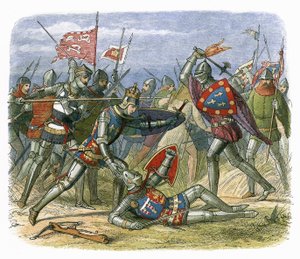 Koning Hendrik V aangevallen door de hertog van Alençon bij de slag van Agincourt door James William Edmund Doyle