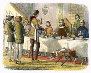 Prins Edward bedient koning Jan van Artois aan tafel na hem te hebben verslagen bij Poitiers door James William Edmund Doyle