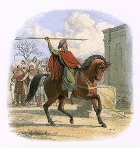 De hogepriester Coifi ontheiligt de tempel van de afgoden