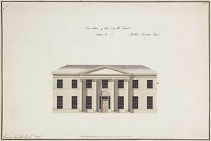Soho House: Plattegrond van de begane grond; Plattegrond van de slaapkamerverdieping; Elevatie van de zuidkant, ontwerp A, Elevatie van de zuidkant, ontwerp B, en Elevatie van de noordkant, 1796 door James Wyatt