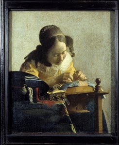 Het kantwerk. Schilderij door Jan (Johannes) Vermeer van Delft (1632-1675), circa 1658-1660. Olieverf op doek. Afm: 0,24x0,21m. Louvre Museum door Johannes Vermeer