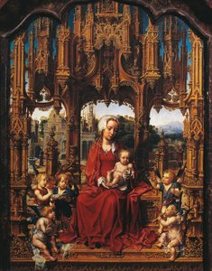 Madonna met Kind en engel muzikanten, centraal paneel van Malvern Triptych