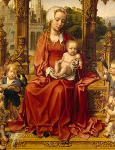 Madonna met Kind en engel muzikanten, centraal paneel van Malvern Drieluik