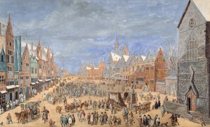 Een dorpsstraat met een herberg in de lente (gouache op papier)