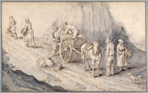 Boeren laden een eenpaardkar met wortelgroenten door Jan (follower of) Brueghel