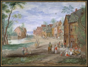 Het plein in Gouda in de winter door Jan (follower of) Brueghel