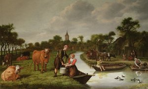 Rivierlandschap met een stel dat een melkbus draagt door Jan 1620 76 Victors