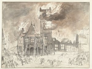 Brand in het oude stadhuis te Amsterdam door Jan Abrahamsz. Beerstraten (possibly)