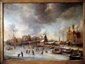 Winterlandschap. Schaatsers op een bevroren meer. door Jan Abrahamsz. Beerstraten