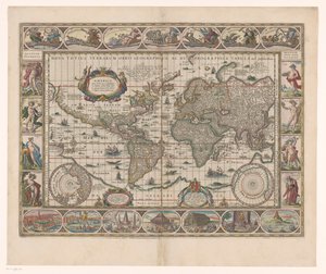 Wereldkaart met decoratieve randen door Jan Aertse van den Ende