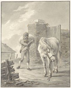 Man met zak op schouder bij ongezadeld paard