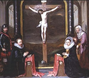 Een Kruisiging met Portretten van de Schenkers Adriaen Meusyenbroeck en zijn Vrouw, Anna Elant, Bijgestaan door St. Adrianus en St. Elizabeth