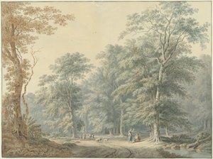 Bosgezicht met klassicistische stoffage door Jan Apeldoorn