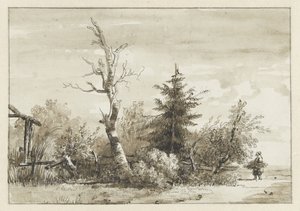 Landschap met bomengroep en rechts een sprokkelaarster door Jan Apeldoorn