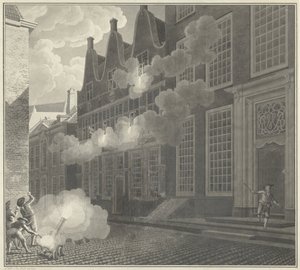 Beschieting van het huis van Lucas van Steveninck, 1787 door Jan Arends (signed by artist)