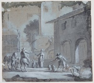 Byscene met een open poort, figuren en dieren