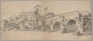 Gezicht op de Ponte Rotto, Rome, met watermolens