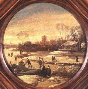 Een winterlandschap met schaatsers op een bevroren waterweg