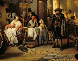 Interieur van een taverne met een blinde violist, 1844 (paneel) (detail) door Jan August Hendrik Leys