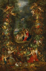 De Heilige Familie omringd door een vruchtenslinger ondersteund door putti (olieverf op paneel)