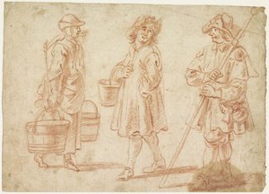 Drie schetsen van een vrouw met juk, man met emmer en een pelgrim door Jan Baptist Lambrechts