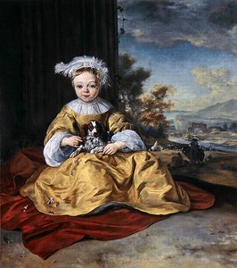 Een kind in een gele jurk met een hond