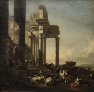 Italiaans landschap met boeren, vee en schapen bij klassieke ruïnes, ca. 1650s (olie op doek) door Jan Baptist Weenix