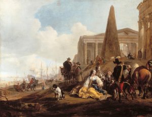 Mediterrane havenscène met rustende figuren voor antieke ruïnes