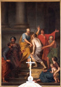 Binnenaanzicht, het hoogaltaar, schilderij "Petrus en Johannes helpen een lamme bij de tempel", Jan De Landtsheer