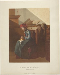 Hindeloopen vrouw in kerkinterieur door Jan Bos Wz.