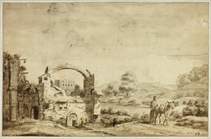 Italiaans landschap met ruïnes, vrouw en ezel