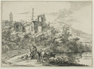Landschap met Ruïnes en Twee Koeien aan de Waterkant, uit een serie van vier horizontale Romeinse Landschappen door Jan Both