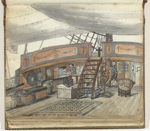 Dekzicht van een Oost-Indiëvaarder met stuurman aan het roer