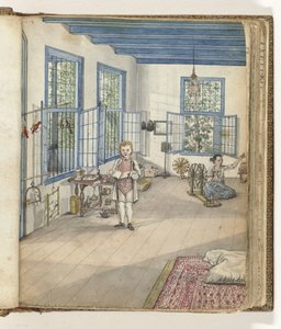 Woonkamer met zoon Jantje en Flora, een tot slaaf gemaakte vrouw, bij een spinnewiel