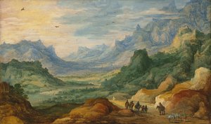 Een bergachtig landschap met reizigers en herders op een pad