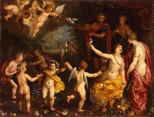 Allegorie van de liefde: Venus met een paar vastgebonden duiven, met Ceres, Apollo en Diana, omringd door dansende putti, in een landschap