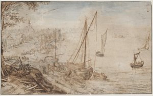 Rivierlandschap. Op de voorgrond een boot die wordt geladen en mannen die planken zagen