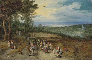 Een uitgestrekt boslandschap met reizigers op een pad en dansende boeren op de voorgrond / Landschap met reizigers en boeren op een pad door Jan Brueghel the Elder