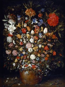 Bloemen in een houten vaas door Jan Brueghel the Elder