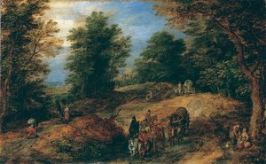 Landschap met reizigers op een bosweg, ca. 1607 door Jan Brueghel the Elder