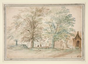 Dorpsontmoetingsplaats onder twee oude bomen door Jan Brueghel the Elder